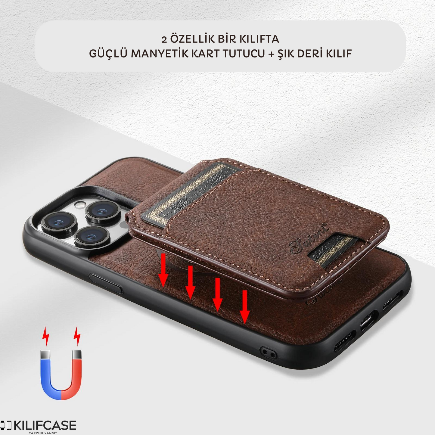 Manyetik MagSafe Kart Cüzdanlı 2in1 Deri iPhone Telefon Kılıfı