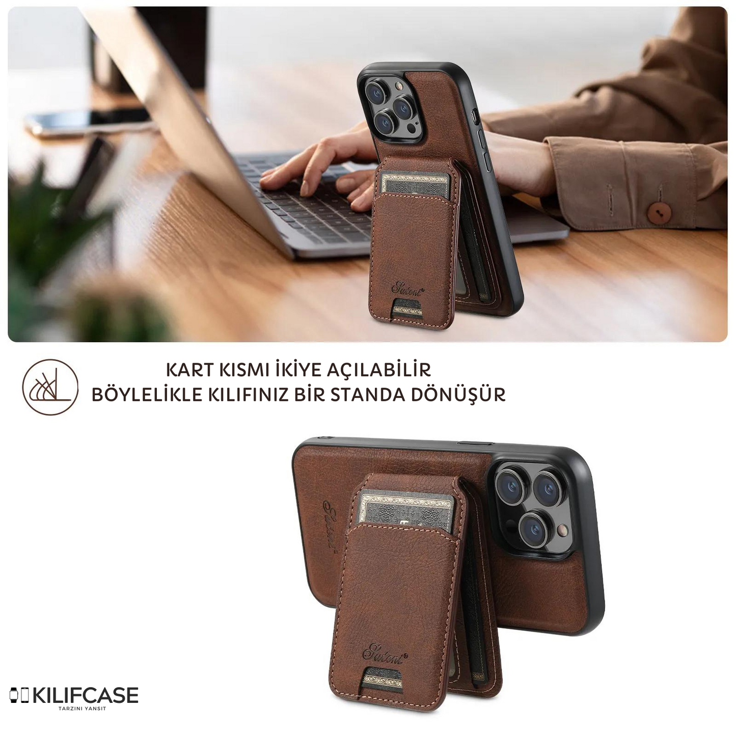Manyetik MagSafe Kart Cüzdanlı 2in1 Deri iPhone Telefon Kılıfı