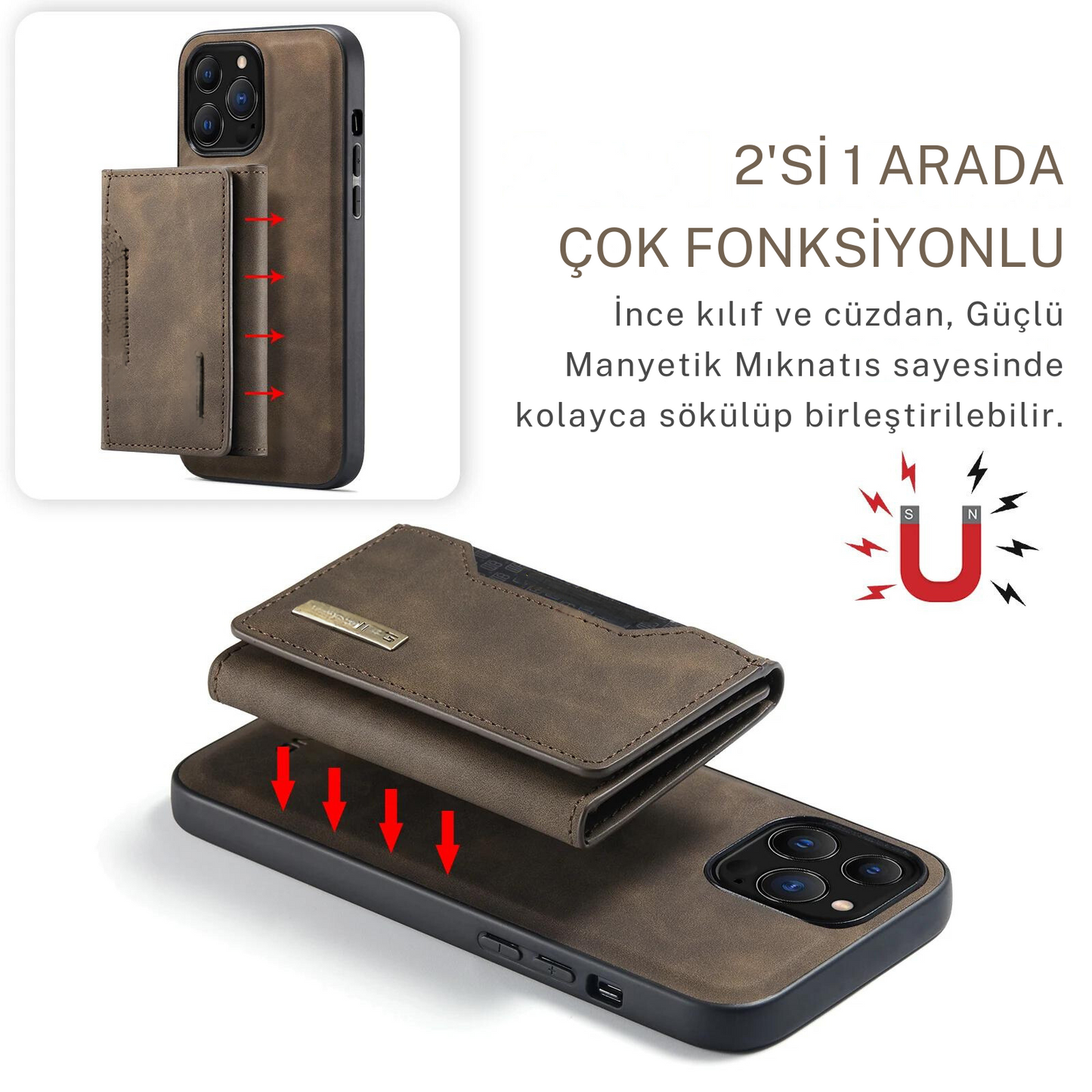 Güçlü Manyetik Mıknatıs Ayrılabilir Kart Cüzdanlı 2in1 Deri iPhone Kılıf
