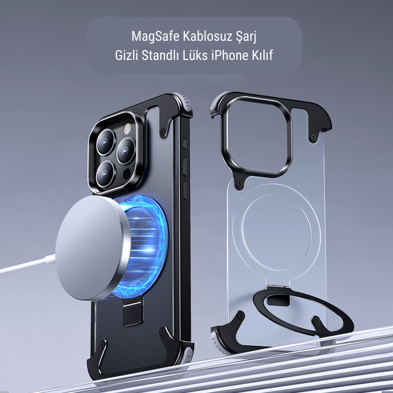 Lüks Güçlü Manyetik Magsafe Gizli Standlı Şeffaf Kapaklı Metal Hava Yastıklı Kılıf