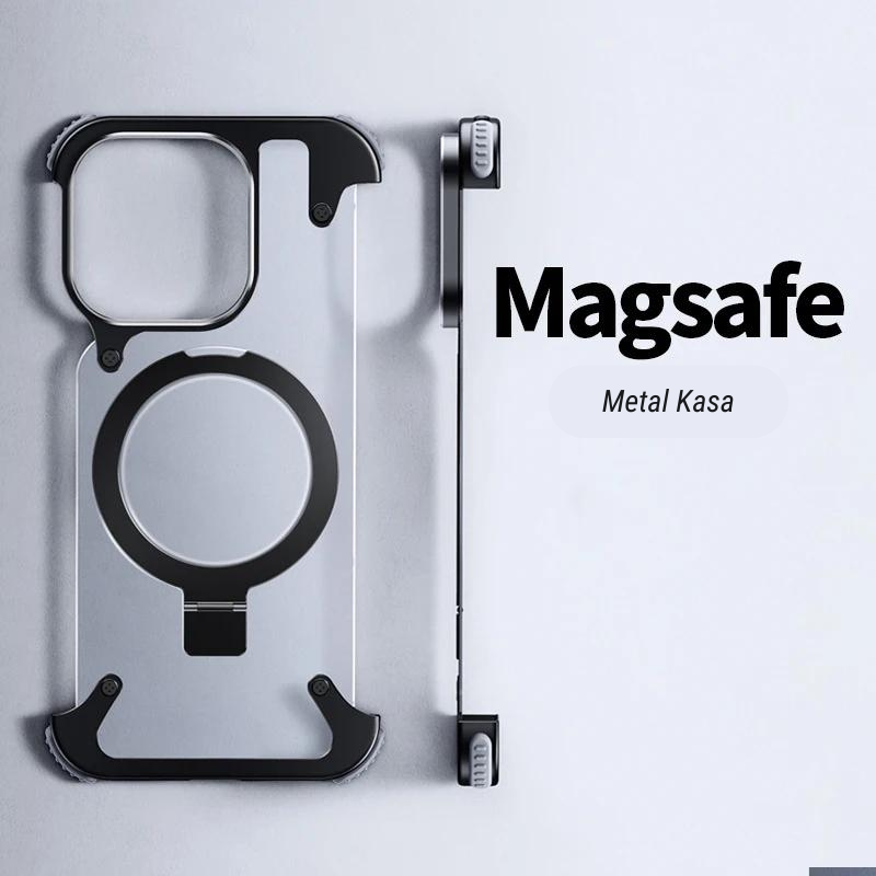 Lüks Güçlü Manyetik Magsafe Gizli Standlı Şeffaf Kapaklı Metal Hava Yastıklı Kılıf