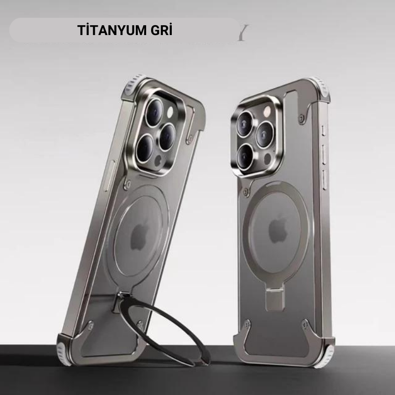 Lüks Güçlü Manyetik Magsafe Gizli Standlı Şeffaf Kapaklı Metal Hava Yastıklı Kılıf