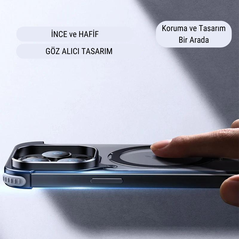 Lüks Güçlü Manyetik Magsafe Gizli Standlı Şeffaf Kapaklı Metal Hava Yastıklı Kılıf
