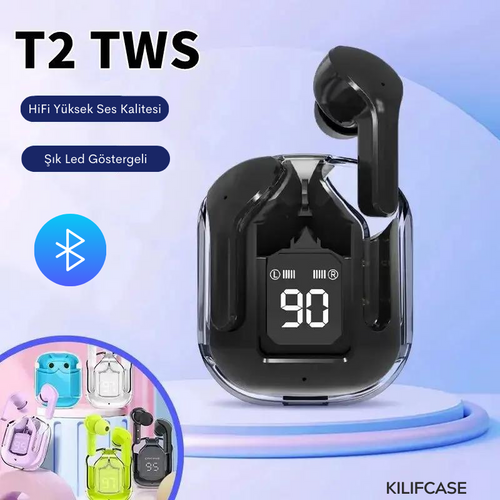 Orijinal T2 Şeffaf Harika Tasarım HIFI Ses LED Dijital Ekran Kablosuz Bluetooth Kulaklık